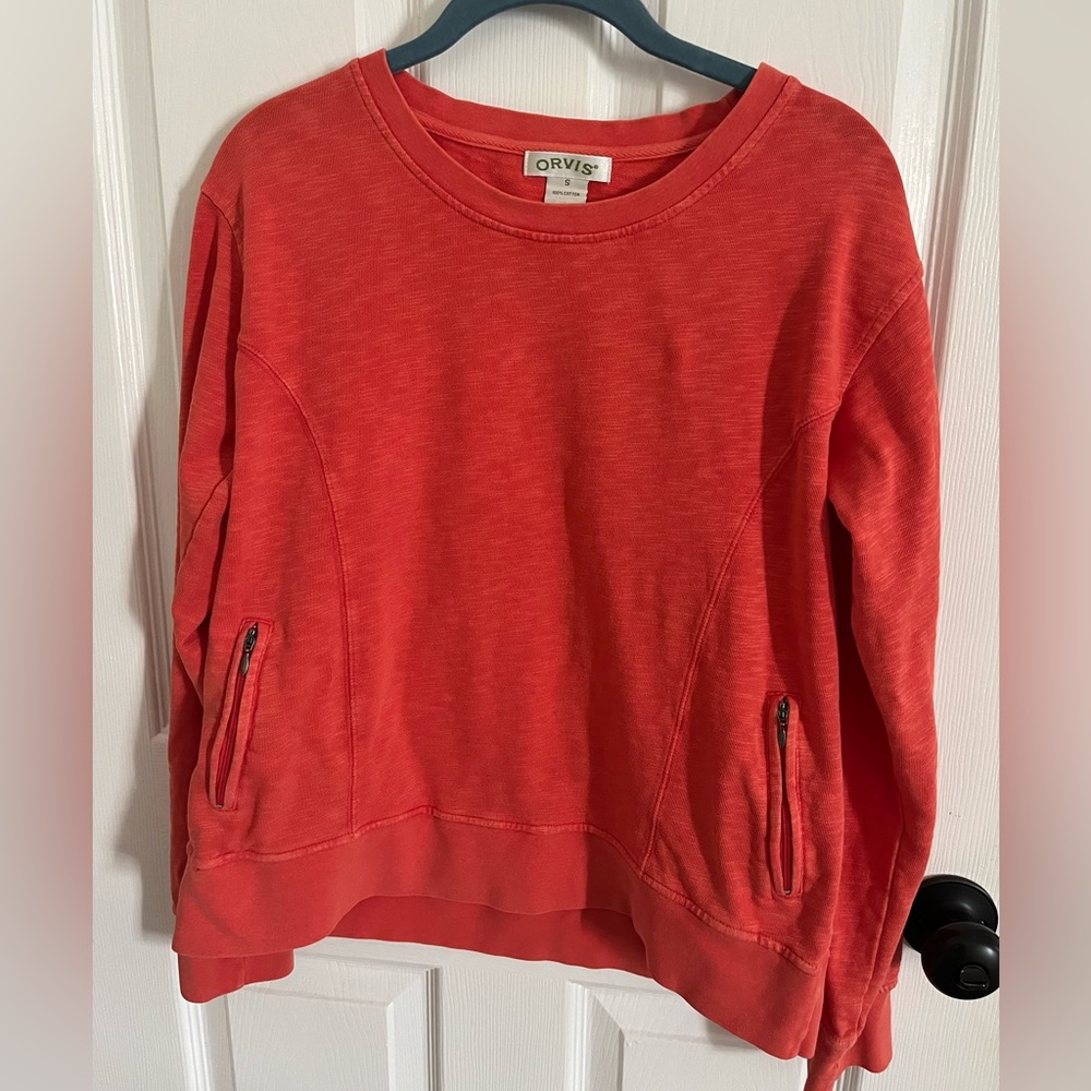 Orvis size small pullover with zipper pockets, orange! 100% cotton.